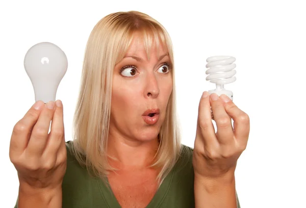 面白い顔の女性は電球を節約エネルギーを保持 — ストック写真