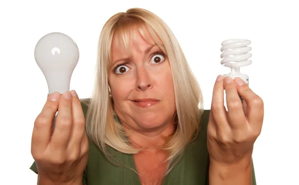 Förvirrad blondin håller energisparande glödlampa — Stockfoto