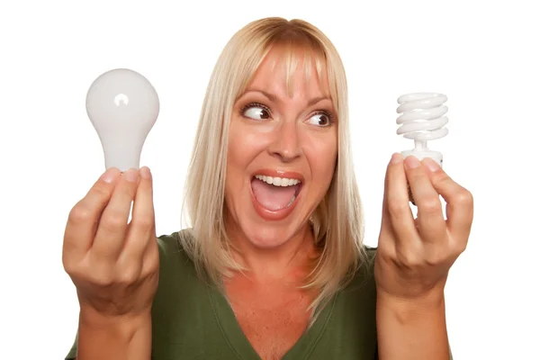 女の子はエネルギー効率の高い電球を比較します。 — ストック写真