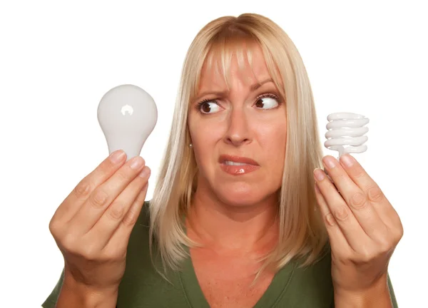 Garota confusa detém lâmpada de poupança de energia — Fotografia de Stock