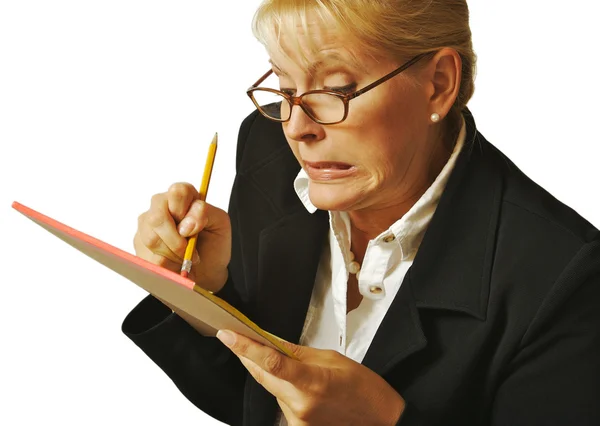 Female Erases Mistake on her Notepad — Stock Photo, Image