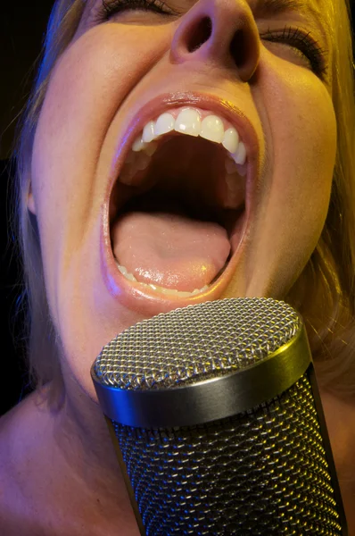 Vocalista apasionado usando micrófono — Foto de Stock