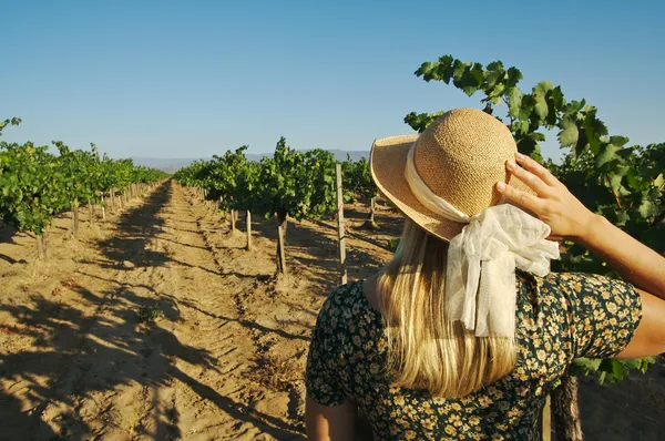 Білявка жінка strolling Thru a vineyard — стокове фото