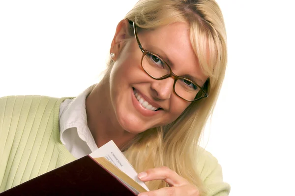 Attraktive Frau mit ihrem Stapel Bücher — Stockfoto