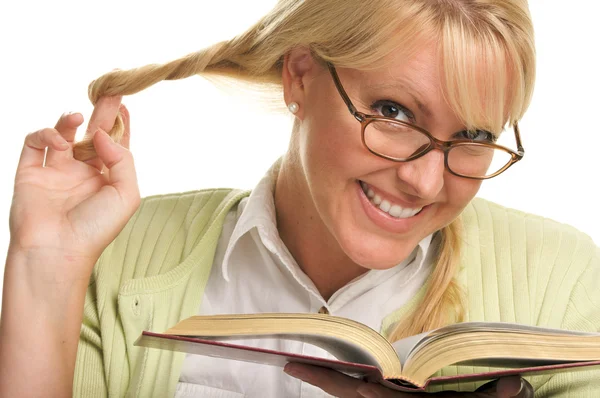 Female With Ponytails Reads Her Book — Stock Photo, Image
