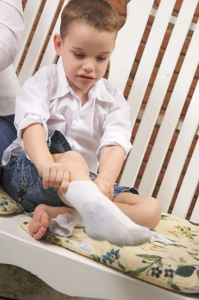 Young Boy Getting Dressed Putting His Socks — Stock Photo, Image