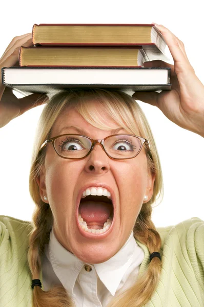 Kafasını onun kitapları ile kızgın kadın — Stok fotoğraf