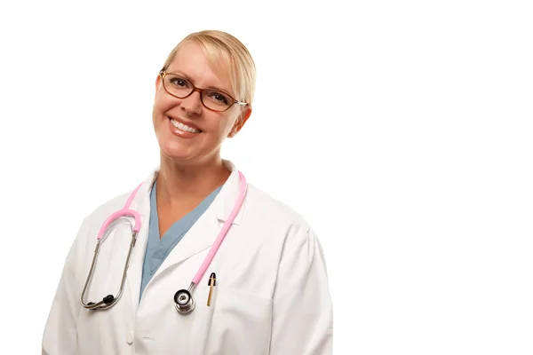 Přátelské žena blond doktor na bílém pozadí — Stock fotografie