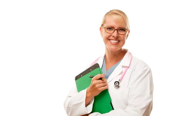 Miła kobieta lekarz blondynka na białym tle — Zdjęcie stockowe