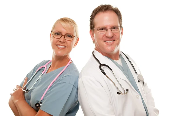Mężczyzna i kobieta lekarze na biały — Zdjęcie stockowe