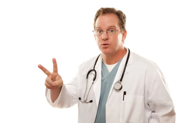 Mężczyzna lekarz dwoma palcami w górę na białym tle — Zdjęcie stockowe