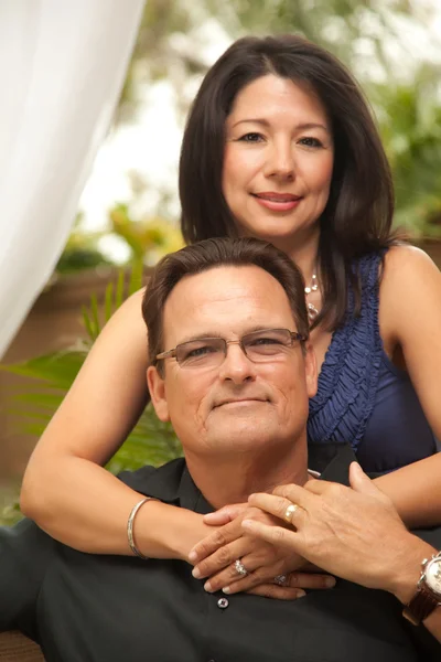 Happy Attractive Hispanic and Caucasian Couple Embrace — Stock Photo, Image