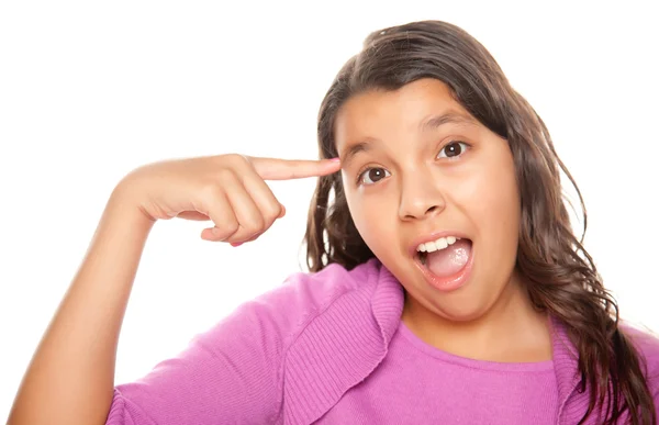 Ganska spansktalande tjej pekar på ansikte — Stockfoto