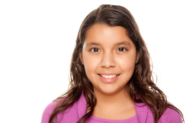 Hübsche hispanische Mädchenporträt isoliert auf einem weißen Stockfoto