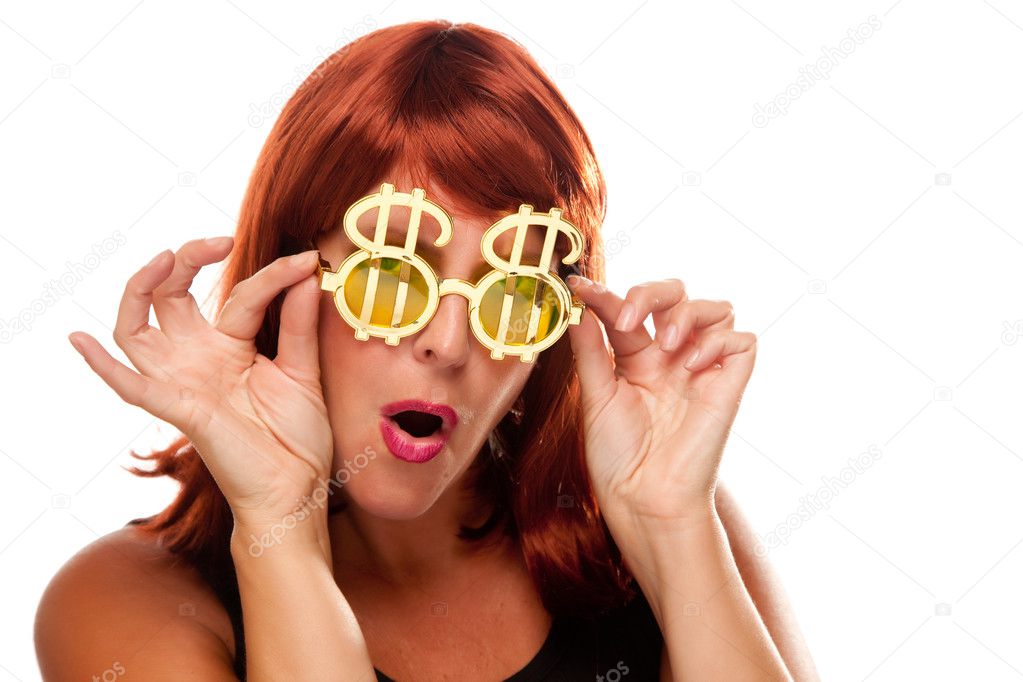 Red Head with Bling-Bling Dollar Specs