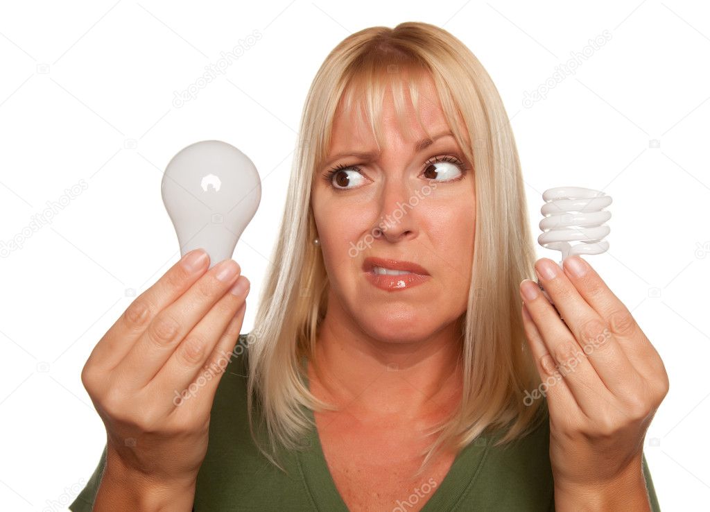 Confused Girl Holds Energy Saving Bulb