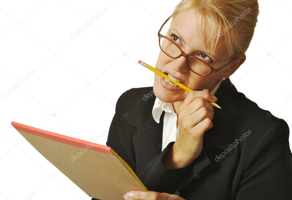 Business Woman Thinks Biting Pencil