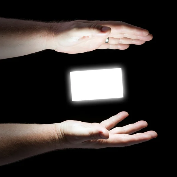 Glowing Hands, Floating Business Card — Stock Photo, Image