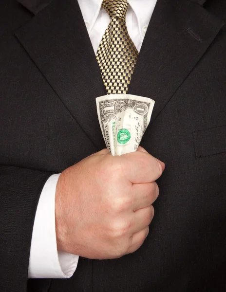 Επιχειρηματίας πιάνοντας νομοσχέδιο δολάριο σε γροθιά — Φωτογραφία Αρχείου