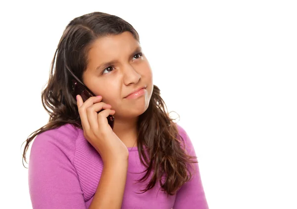 Rynkar pannan spansktalande tjej på mobiltelefon — Stockfoto