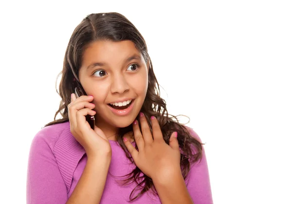 Geschokt hispanic meisje op mobiele telefoon — Stockfoto