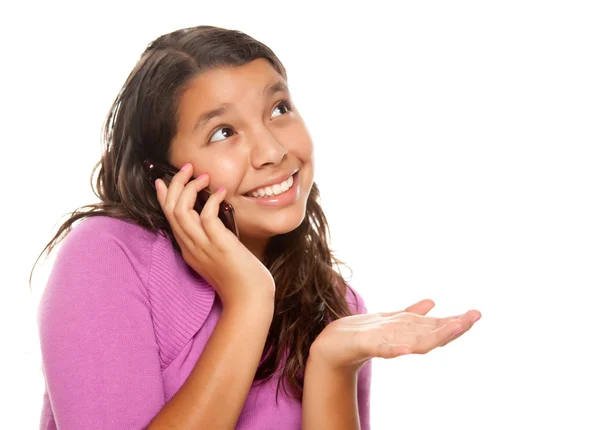Menina hispânica feliz no telefone celular — Fotografia de Stock