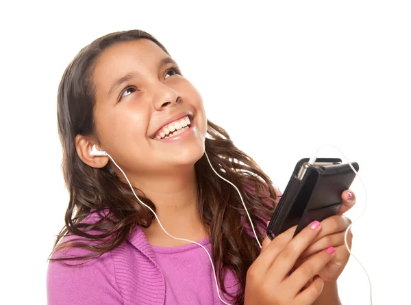 Menina hispânica com fones de ouvido de música — Fotografia de Stock