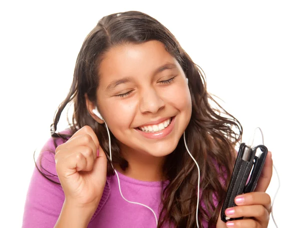 Spansktalande tjej med musik hörlurar — Stockfoto