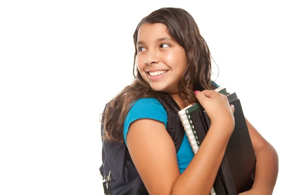 Hispanic schoolmeisje met boeken en zak — Stockfoto