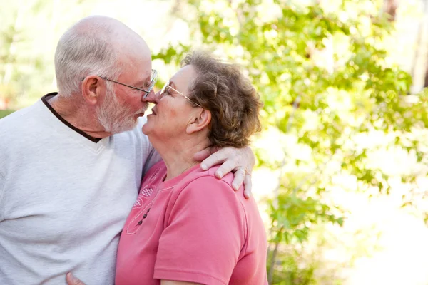 Kärleksfull senior par kyssas och njuta av utomhus — Stockfoto