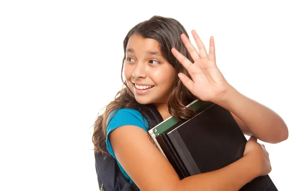 Hispanic Schoolgirl with Books Waves — Stock Photo, Image