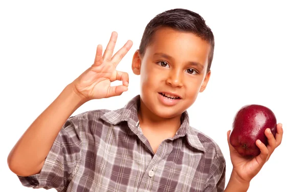 Ispanico ragazzo con mela e pollice fino — Foto Stock