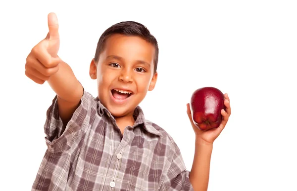 Niño hispano con manzana y pulgar hacia arriba — Foto de Stock