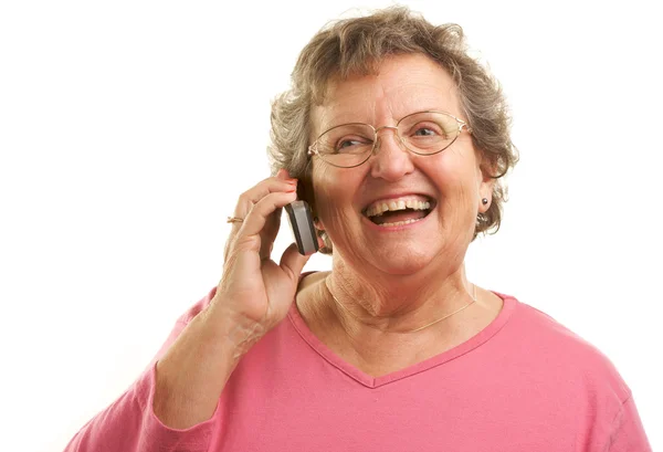 Mujer mayor feliz usando el teléfono celular —  Fotos de Stock