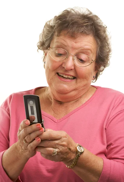 Sonriendo a adulto senior con auricular de teléfono — Stok fotoğraf