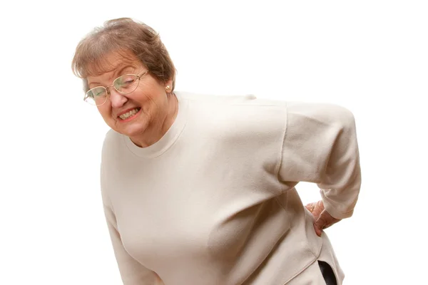 Senior vrouw met rugpijn geïsoleerd op wit — Stockfoto