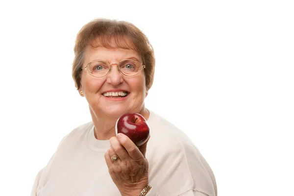 Attractive Senior Woman with Apple Isolated — Stock Photo, Image