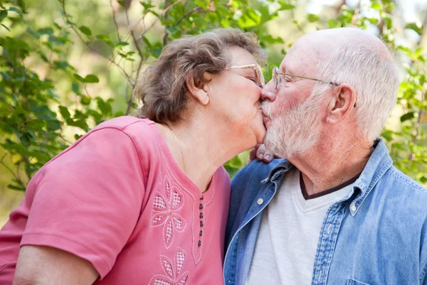 Kochający, starszy para całuje na zewnątrz — Zdjęcie stockowe