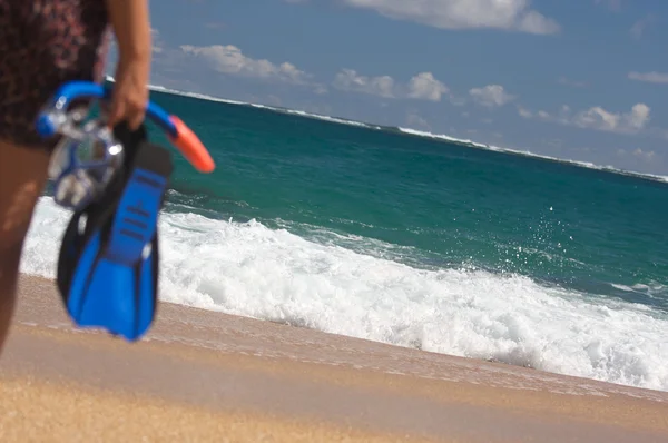 stock image Woman Holding Snorkeling Gear on Shore