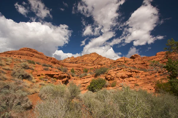유타의 극적인 흐린 푸른 하늘과 붉은 바위 — 스톡 사진