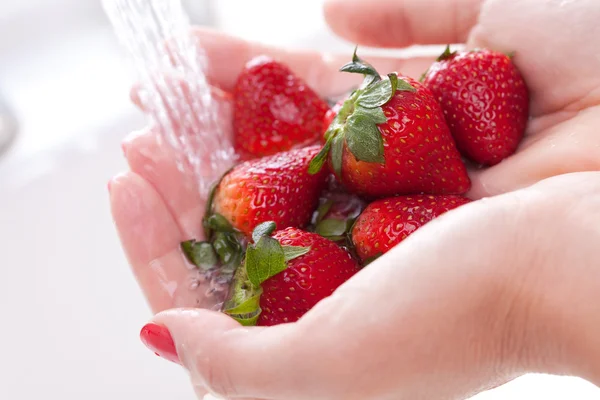 Woman Washing Strawberries in Kitchen — Stock Photo, Image