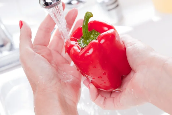 Nő, piros kaliforniai paprika, mosogató, mosógép — Stock Fotó