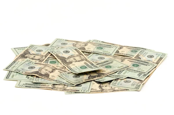 Högen av tjugo dollar räkningar isolerad på en vit — Stockfoto