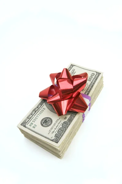 Money Stack with Bow Isolated on White — Stock Photo, Image