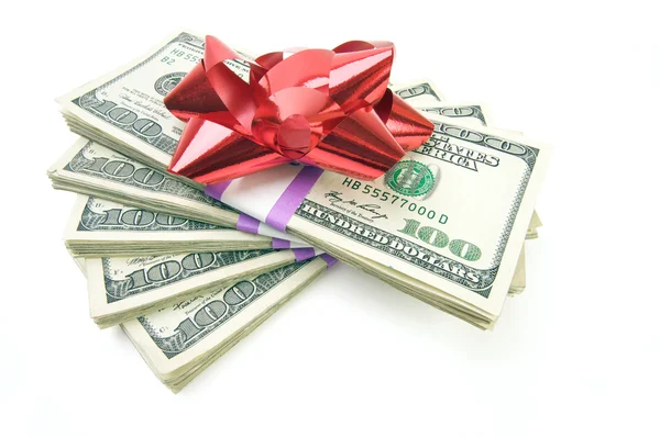 Stack of Money with Bow Isolated on Whit — Stock Photo, Image