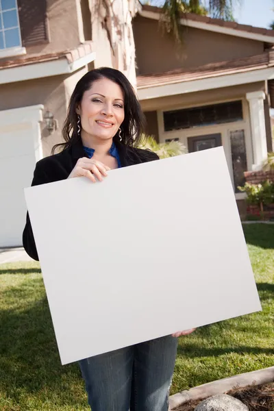 Hispanic Woman Holding Blank Sign — Stock Photo, Image