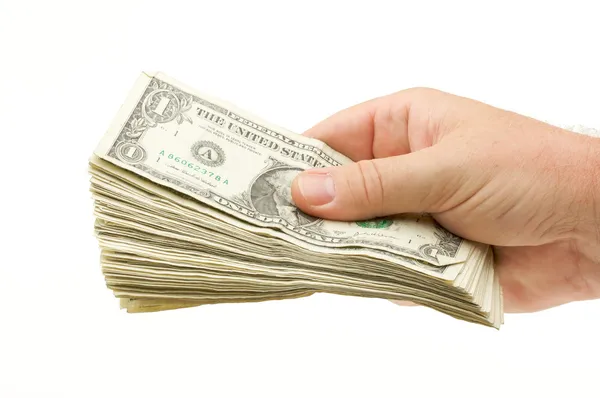 Masculino entregando mais de dinheiro no branco — Fotografia de Stock
