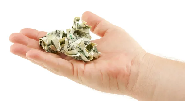 Dólar enrugado contas na palma da mão masculina — Fotografia de Stock