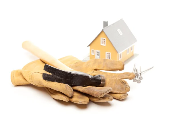 Hammer, Gloves, Nails and House Isolated — Stock Photo, Image