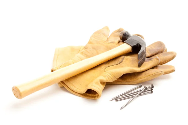 Hammer, Gloves and Nails on White — Stock Photo, Image